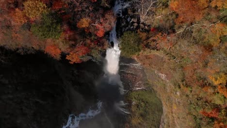 Aerial-view-of-Kegon-waterfall-and-autumn-foliage,-Nikko,-Tochigi,-Japan