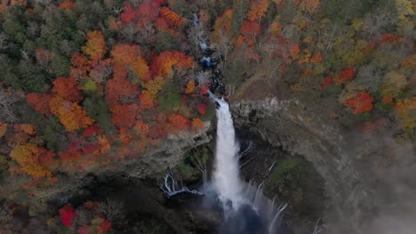 Aerial-view-of-Kegon-waterfall-and-autumn-foliage,-Nikko,-Tochigi,-Japan