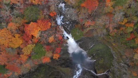 Aerial-view-of-Kegon-waterfall-and-autumn-foliage,-Nikko,-Tochigi,-Japan