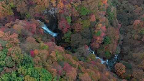 Luftaufnahme-des-Kirifuri-Wasserfall-und-im-Herbst-Laub,-Nikko,-Tochigi,-Japan