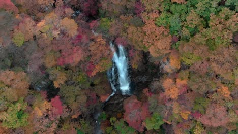 Aerial-view-of-Kirifuri-waterfall-and-autumn-foliage,-Nikko,-Tochigi,-Japan