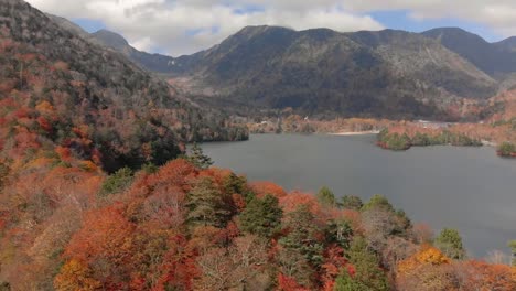 Aerial-view-of-lake-Yunoko-and-autumn-foliage,-Nikko,-Tochigi,-Japan