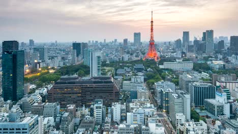 Aerial-View-of-Tokyo-Tower-and-Tokyo-skyline-cityscape-at-sunset,-Japan