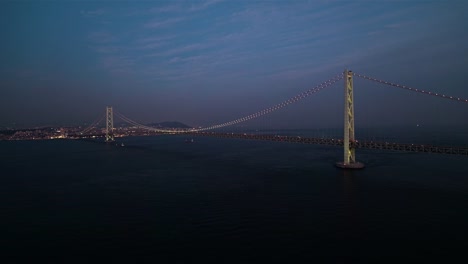 Aerial---Full-view-of-the-Akashi-Kaikyo-Bridge-right-after-sunset-Zoom-in