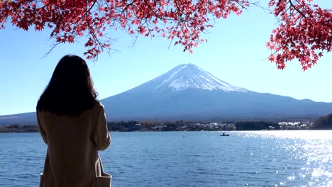 Junge-Frauen-nehmen-Foto-Berg-Fuji-im-Herbst