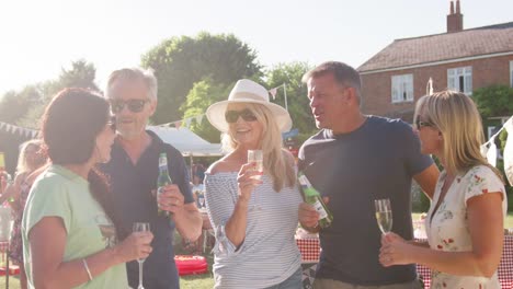 Group-of-mature-friends-standing-and-enjoying-drinks-at-summer-garden-fete---shot-in-slow-motion