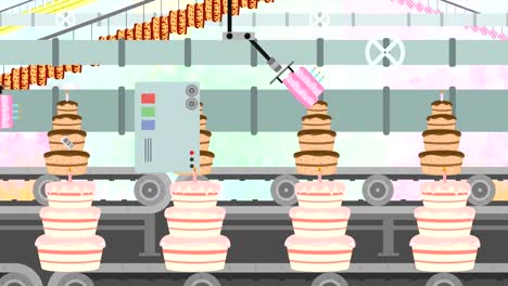 Many-Birthday-Cakes-in-a-Factory-Conveyor-in-Cartoon-Style