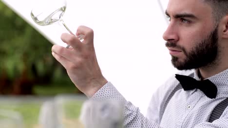 Restaurant-worker-rubbing-dishes-Barman-with-beard,-wiping-glass,-while-standing-at-bar-counter-in-pub,-pure-empty-wine-glasses