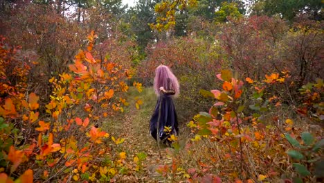 Junge-Rosa-Haare-Hexe-in-Hut-Suche-Reagenzien-in-den-mystischen-herbstlichen-Wald.-Halloween-steht-vor-der-Tür.