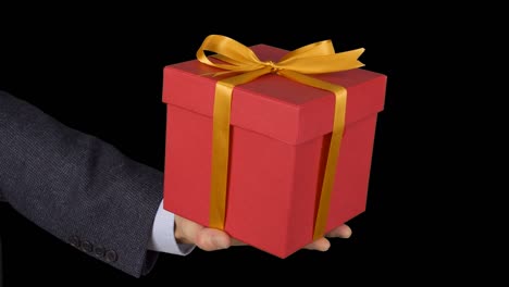 Male-man-hand-holds-red-gift-box-with-gold-bow.-Celebrate-eve-present-gift-box.-Caucasian-man-in-classical-suit.-Alpha-channel-chroma-key-transparent-background.-Locked-down.