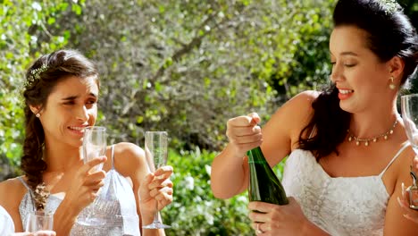 Happy-Bride-open-champagne-bottle-and-bridesmaid-waiting-for--champagne4K-4k