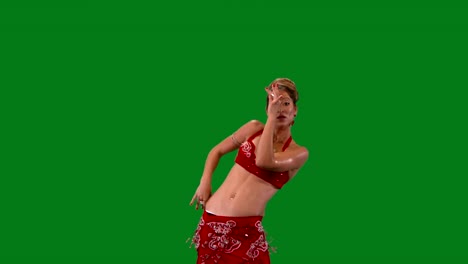 Bellydance.-Schönen-Bauchtänzerin-tanzen.-Green-Screen.-Rotes-Kleid