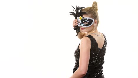 Woman-in-evening-dress-carnival-mask-on-white