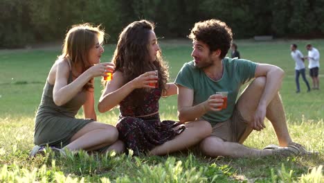 Grupo-de-amigos-jóvenes-sonrientes-tostadas-sentados-sobre-la-hierba-en-el-Parque