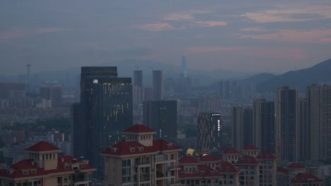 sunset-illuminated-zhuhai-cityscape-park-mountain-top-panorama-4k-china