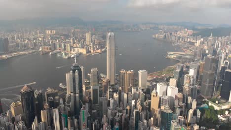 Aerial-pull-out-shot-of-Hong-Kong-skyline