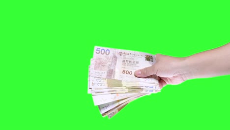 Mano-que-sostiene-una-nota-de-quinientos-dólares-de-hong-kong-aislada-sobre-fondo-de-pantalla-verde