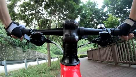 Riding-bike-on-bicycle-path-in-park,-View-from-first-person-perspective-POV---Point-of-view-front--by-action-camera