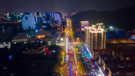 Nacht-Sanya-Verkehr-Straße-berühmten-aerial-Panorama-Zeitraffer-4k-Hotelporzellan