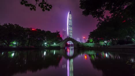 rascacielos-famosos-de-China-shenzhen-noche-Parque-luz-estanque-Ve-el-lapso-de-tiempo-de-4-k