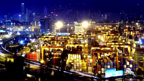 4K-Container-Hafen-Zeitraffer-in-der-Nacht.-Hong-Kong.-Engen-Schuss.