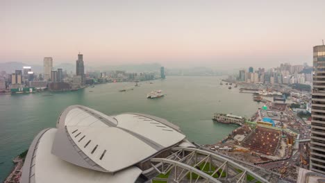 China-Sonnenuntergang-Himmel-Hong-Kong-Stadt-Oper-auf-dem-Dach-Bucht-berühmten-Panorama-4k-Zeitraffer