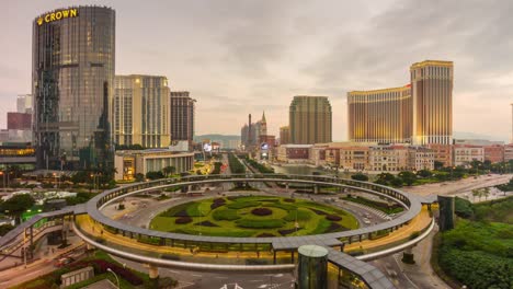 china-macau-sunset-sky-taipa-island-famous-traffic-circle-street-panorama-4k-time-lapse