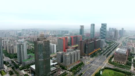 Luftaufnahme-des-Gebäudes-und-die-Stadt-Nanjing,-China