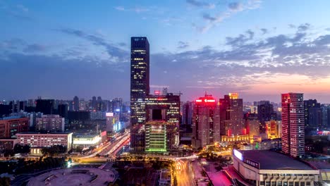 Lapso-de-Sunset.Time-de-la-plaza-de-poli-en-vista-de-Wuhan.Aerial-de-altura