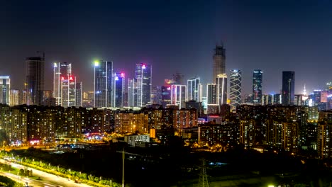 Zeitraffer-des-Stadtbildes-in-der-Nacht-von-Nanjing-Hexi-Neustadt,-China