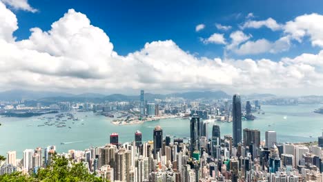 Timelapse-de-Hong-Kong-vista-desde-la-cima-de-la-montaña,-vista-aérea,-vista-del-hito,