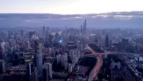 Aerial-view-of-Shanghai-at-dawn,-time-lapse