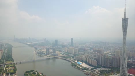 China-Tag-Zeit-Guangzhou-Stadtbild-berühmten-Kanton-Turm-Perlfluss-aerial-Panorama-4k