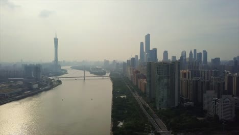 china-evening-time-guangzhou-cityscape-pearl-river-downtown-aerial-panorama-4k