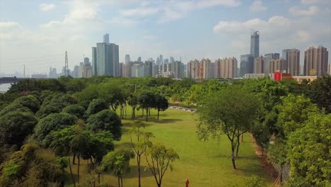 día-soleado-ciudad-río-Perla-centro-Parque-panorama-aéreo-4k-Cantón