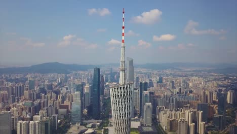 Guangzhou-Stadtbild-Kanton-Turm-Sonnenseite-quadratische-Antenne-Innenstadt-hautnah-4-k-china