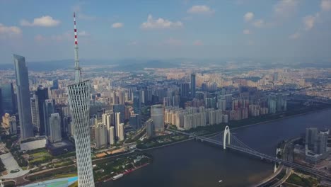 sonnigen-Tag-Guangzhou-Liede-überbrücken-Perlfluss-Kanton-Turm-oben-aerial-Panorama-4k-china