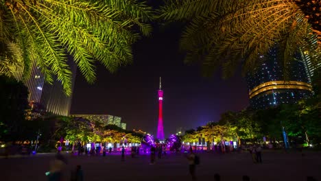 Nacht-Guangzhou-Kanton-Tower-Park-quadratisch-Panorama-4k-Zeitraffer-china