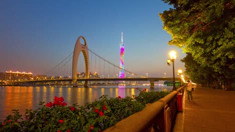 Sonnenuntergang-Guangzhou-Stadt-Kanton-Tower-Bridge-Bay-Blumen-4k-Timelapse-china