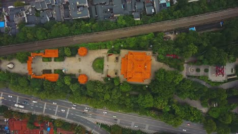 china-day-time-wuhan-city-yellow-crane-temple-traffic-road-railway-aerial-top-view-4k