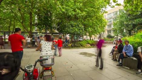 day-time-wuhan-city-park-crowded-dance-session-place-panorama-4k-time-lapse-china