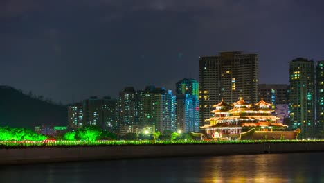 Abend-Zeit-Beleuchtung-Zhuhai-Stadt-berühmten-Bay-Restaurant-Panorama-4-k-Zeit-hinfällig,-china