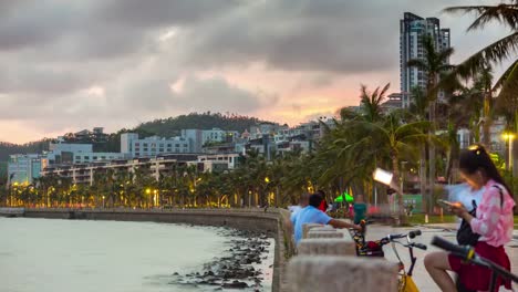 china-sunset-sky-zhuhai-cityscape-walking-bay-panorama-4k-timelapse