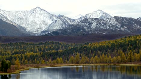 Picos-nevados-por-encima-de-lago-de-montaña-en-otoño-panorámica