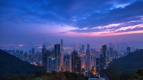 4K-Zeit-verfallen-Ansicht-Sonnenaufgang-des-Victoria-Harbour,-Hongkong