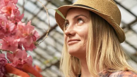 Woman-Looking-at-Blooming-Flowers-in-Glasshouse