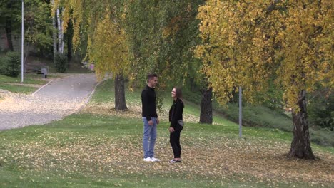 Young-guy-with-a-girl-walk-in-the-park,-holding-hands