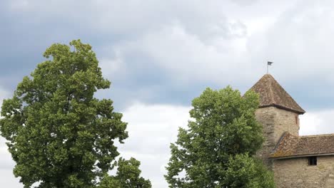 Cielo-cubierto-encima-de-árboles-y-el-castillo-de-Rapperswil-en-Suiza