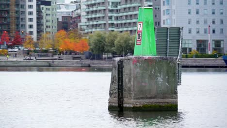 Ein-grüner-Zement-Pol-in-der-Mitte-des-Sees-in-Stockholm-Schweden