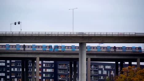 The-slowly-running-train-on-the-top-in-Stockholm-Sweden